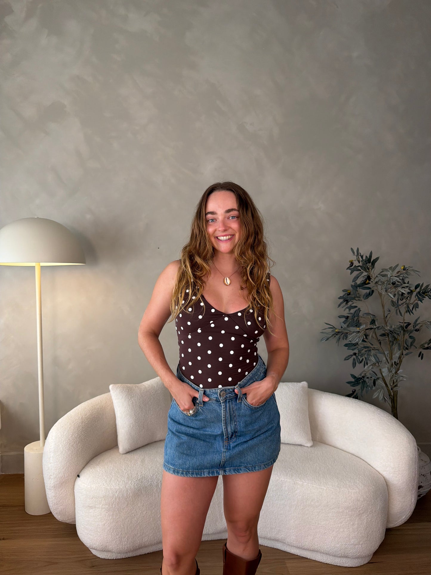 Ava Polka Dot V-Neck - Mocha