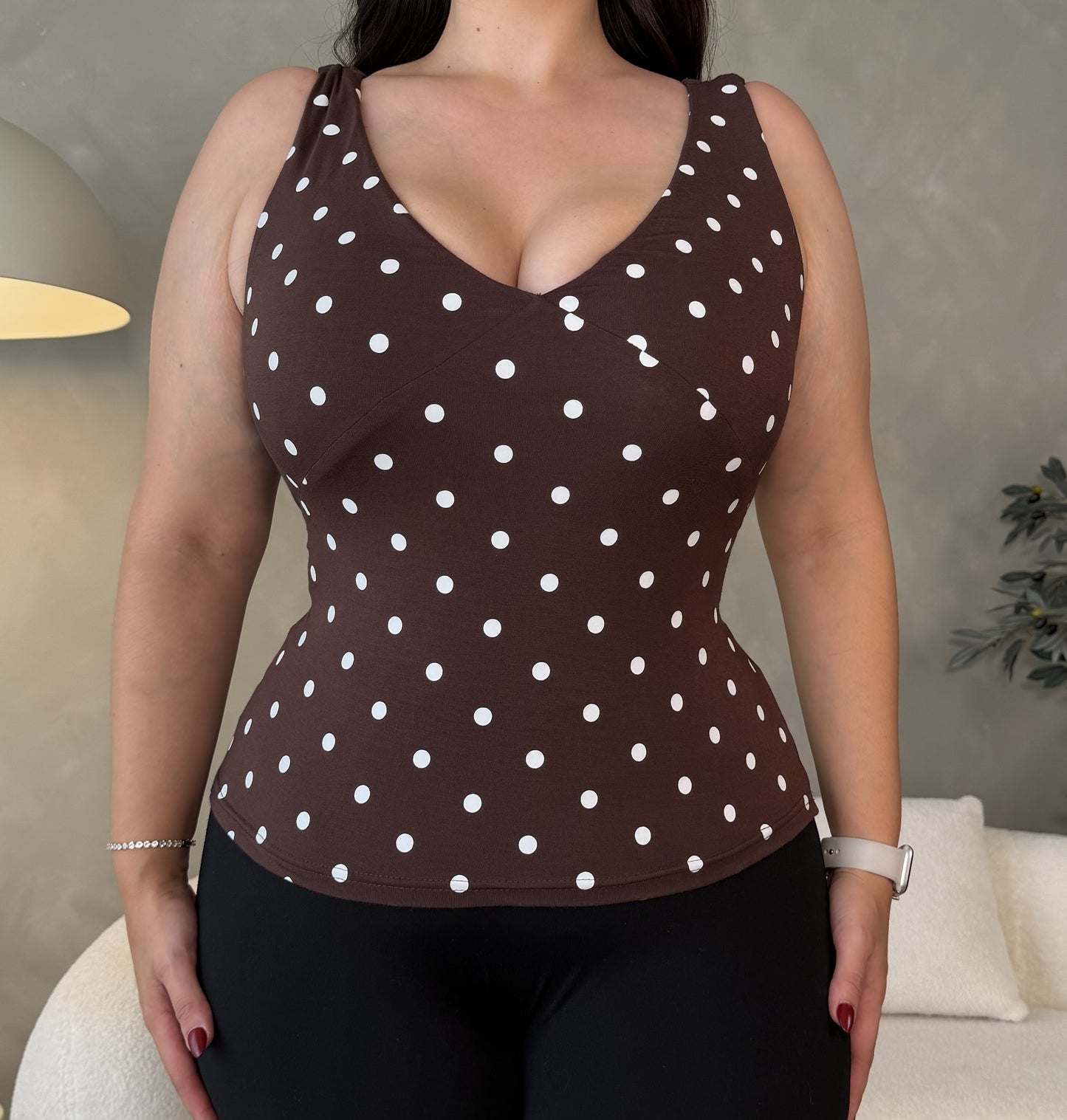 Ava Polka Dot V-Neck - Mocha