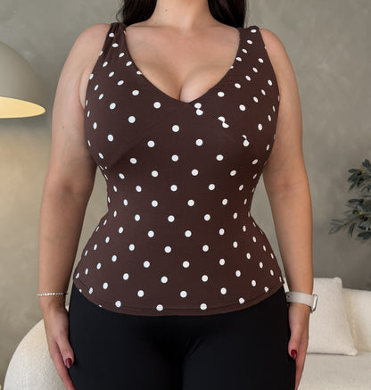 Ava Polka Dot V-Neck - Mocha
